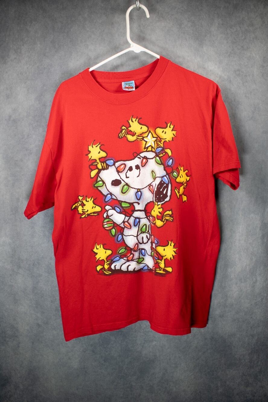 Vintage Peanuts Snoopy Christmas T Shirt Red Woodstock Graphic Tee Large L